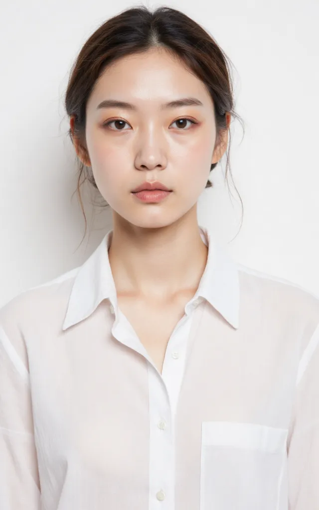 A French female model with a Korean   inspired makeup style, wearing a shirt, against a white background, in a front   facing bust portrait